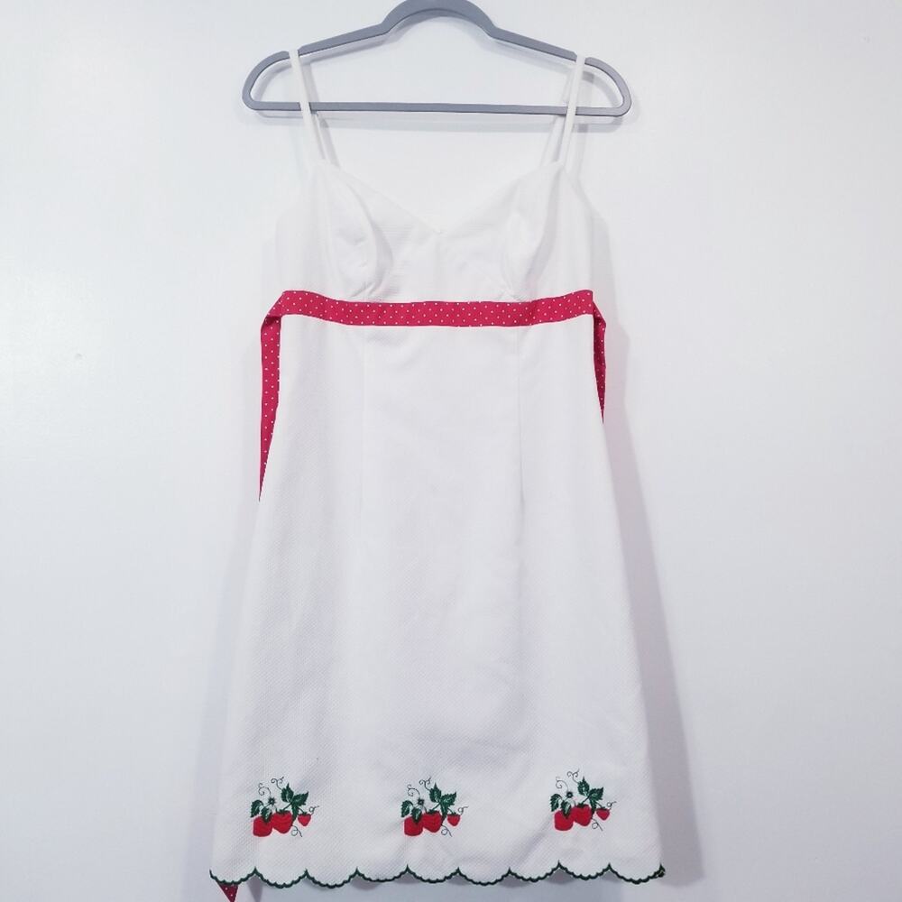 Shoshanna White Dress with Red Accents and Strawberry Embroidery